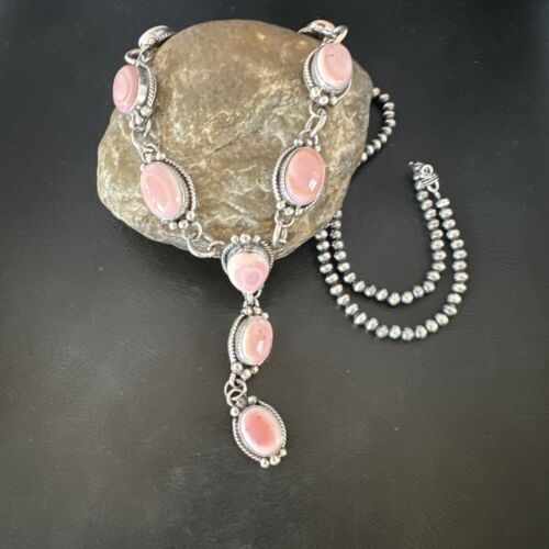 Navajo Pink Conch Lariat Necklace | Sterling Silver Pendant | 30" | Authentic Native American Handmade | 15870