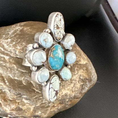 Navajo Golden Hills Turquoise Cluster Ring | Authentic Native American Sterling Silver | Multi-Stone | Sz 8.5 | 16285