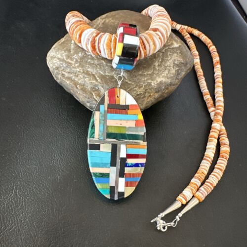 Santo Domingo Multi-Color Spiny Inlay Pendant Necklace | Sterling Silver | 32" | 16855