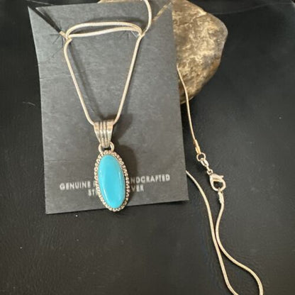 Navajo Blue Turquoise Pendant Necklace | Sterling Silver Chain | Authentic Native American Handmade | 20" | 12601