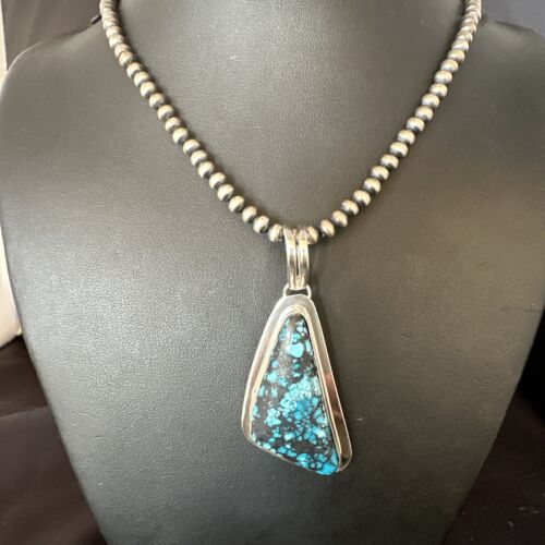 Men's Blue Spiderweb Turquoise Pendant Necklace | Navajo Sterling Silver | Authentic Native American Handmade | 14970