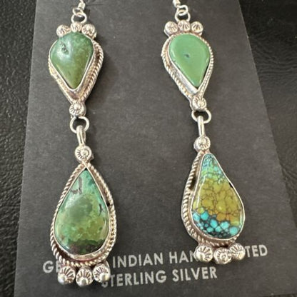 Navajo Green Royston Turquoise Dangle Earrings | Sterling Silver | Authentic Native American Handmade | 17141