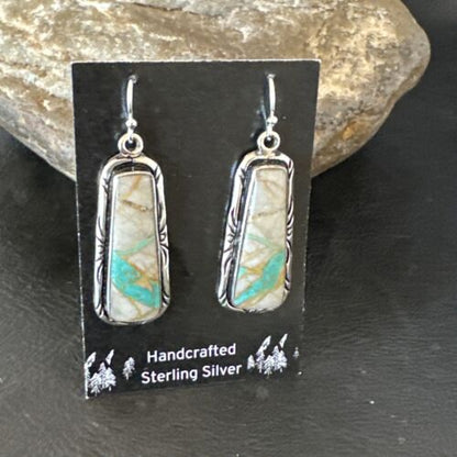Navajo Blue Boulder Turquoise Dangle Earrings | Sterling Silver | Authentic Native American Handmade | 16496