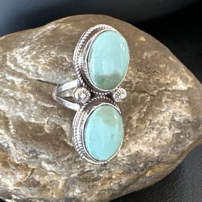 Navajo Blue Dry Creek Turquoise 2 Stone Ring | Authentic Native American Sterling Silver | Multi-Stone | Sz 9 | 16736