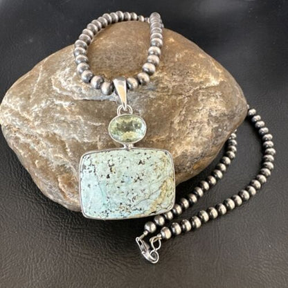 Navajo Dry Creek Turquoise Topaz Pendant Necklace | Sterling Silver | Authentic Native American Handmade | 16307