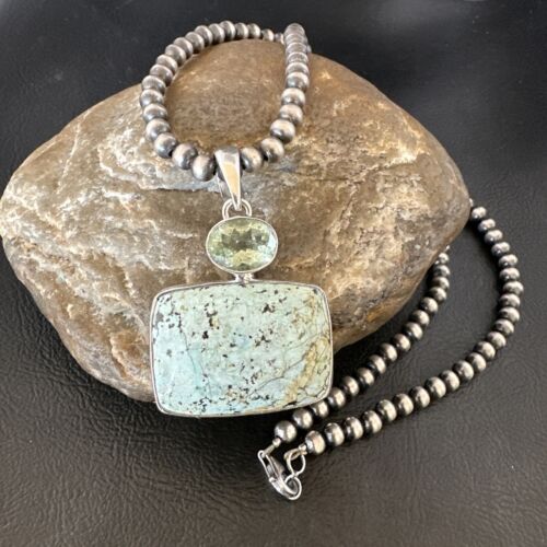 Navajo Dry Creek Turquoise Topaz Pendant Necklace | Sterling Silver | Authentic Native American Handmade | 16307