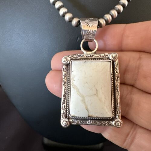 Navajo White Buffalo Turquoise Pendant | Sterling Silver Pearls Necklace | Authentic Native American Handmade | 17101