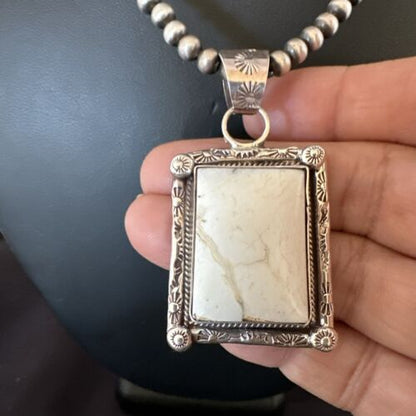 Navajo White Buffalo Turquoise Pendant | Sterling Silver Pearls Necklace | Authentic Native American Handmade | 17101