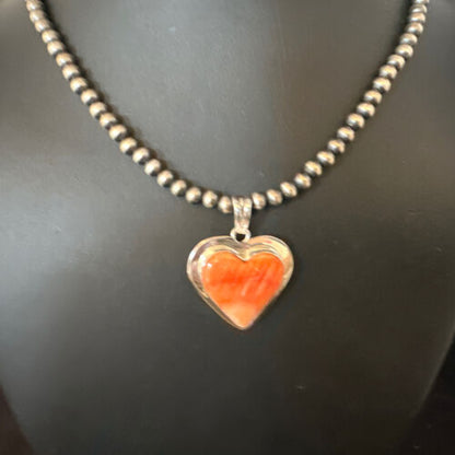 Navajo Orange Heart Spiny Oyster Pendant | Sterling Silver Necklace | Authentic Native American Handmade | 15015