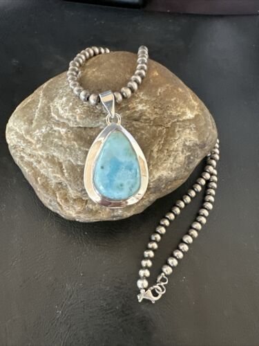 Navajo Blue Larimar Pendant Necklace | Sterling Silver Beads | Authentic Native American Handmade | 17602