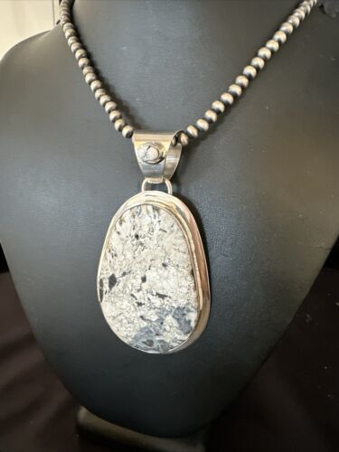 Navajo White Buffalo Turquoise Pendant Necklace | Sterling Silver | Authentic Native American Handmade | 14991