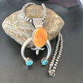 Navajo Blue Turquoise Orange Spiny Oyster Naja Pendant | Sterling Silver | Native American Handmade | 16410