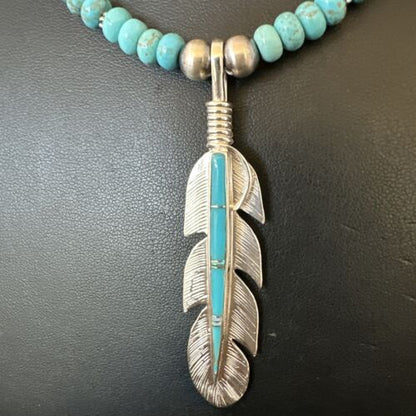Men's Turquoise Inlay Feather Pendant Necklace | Sterling Silver | Authentic Native American Handmade | 17249