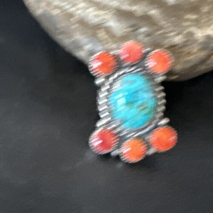 Navajo Turquoise & Spiny Oyster Cluster Ring | Authentic Native American Sterling Silver | Multi-Stone | Sz 8 | 16330