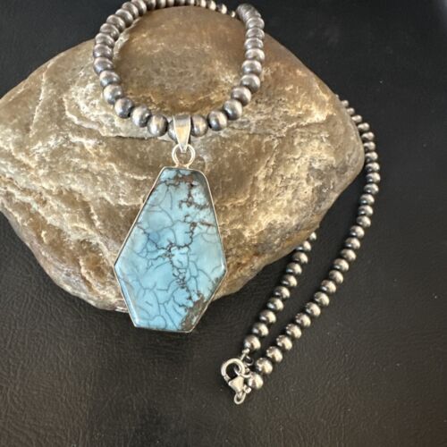 Men's Spiderweb Turquoise Pendant | Navajo Pearls Sterling Silver Necklace | Authentic Native American Handmade | 15533
