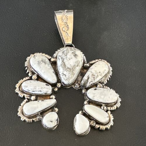 Navajo White Buffalo Turquoise Necklace Naja Pendant | Sterling Silver | Authentic Native American Handmade | 17040