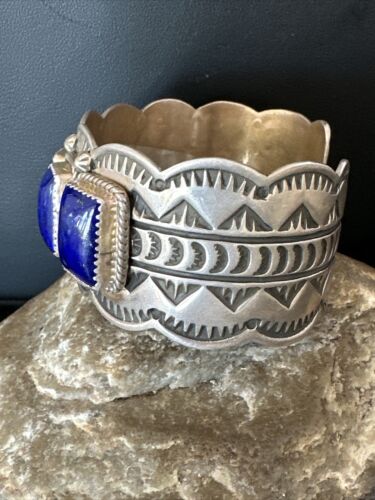 Navajo Blue Lapis 5 Stone Cuff Bracelet | Sterling Silver | XL Men's | Authentic Native American Handmade | 15861