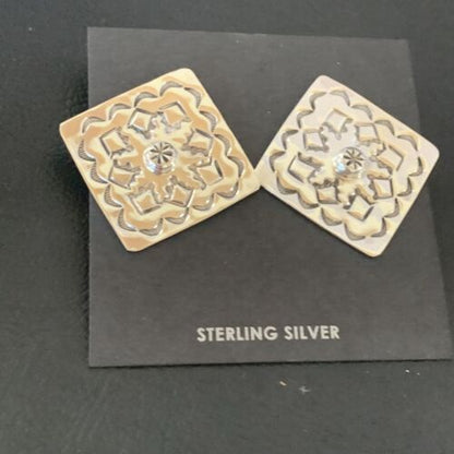 Navajo Stamped Square Earrings | Sterling Silver | Authentic Native American Handmade | 1198