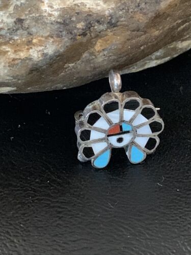 Zuni Sunface Pin Pendant | Turquoise, Mother of Pearl, Spiny Oyster | Sterling Silver | 01179