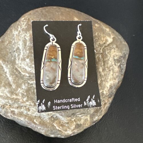 Navajo Blue Boulder Turquoise Dangle Earrings | Sterling Silver | Authentic Native American Handmade | 16502
