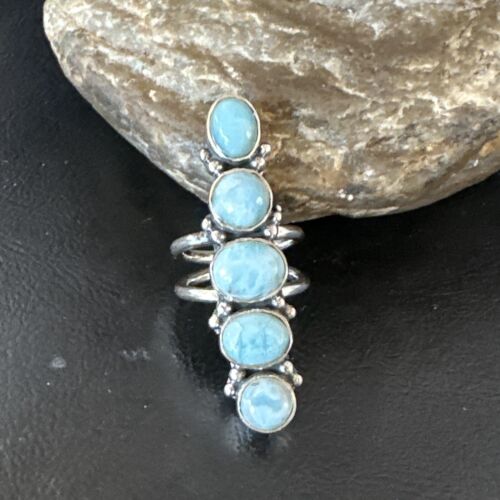 Navajo Blue Larimar Cluster Ring | Authentic Native American Sterling Silver | Multi-Stone | Sz 8 | 15932