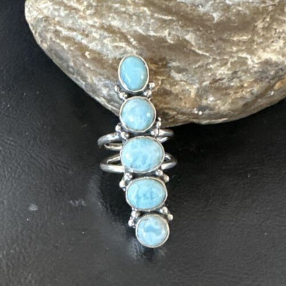 Navajo Blue Larimar Cluster Ring | Authentic Native American Sterling Silver | Multi-Stone | Sz 8 | 15932