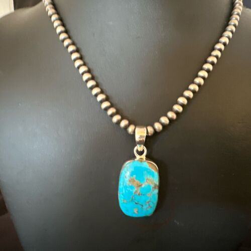 Navajo Blue Kingman Turquoise Pendant Necklace | Sterling Silver | 20" | Authentic Native American Handmade | 16997