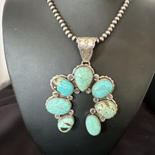 Navajo Blue Turquoise #8 Squash Blossom Naja Pendant Necklace | Sterling Silver | Authentic Native American Handmade | 16907