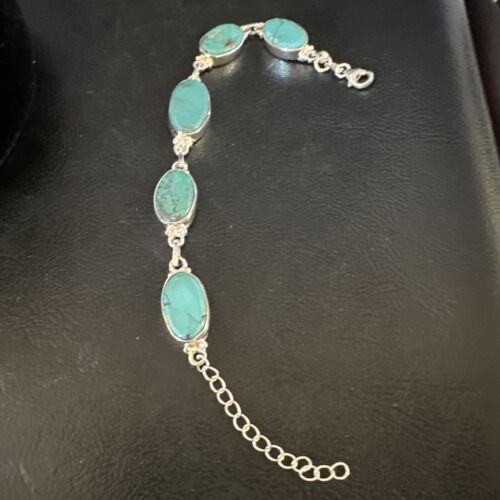 Navajo Blue Turquoise Link Bracelet | Sterling Silver | 8" | Authentic Native American Handmade | 15468