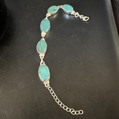 Navajo Blue Turquoise Link Bracelet | Sterling Silver | 8" | Authentic Native American Handmade | 15468