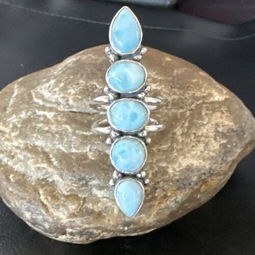 Navajo Women's Cluster Blue Larimar Ring | Authentic Native American Sterling Silver | Multi-Stone | Sz 7.5 | 16150