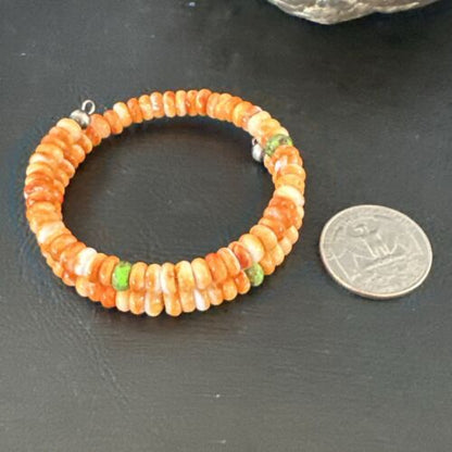Navajo Orange Spiny Oyster & Green Turquoise Bracelet | 6mm Memory Wire | Authentic Native American Handmade | 17622