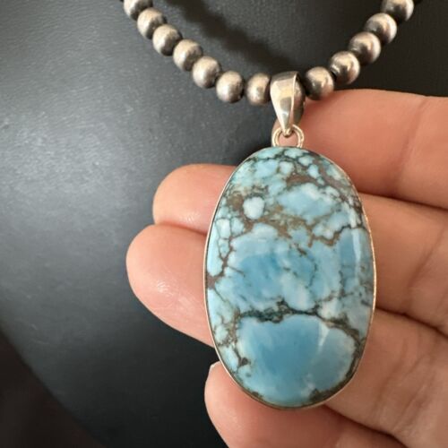 Navajo Blue Spiderweb Turquoise Pendant Necklace | Sterling Silver | Authentic Native American Handmade | 17027