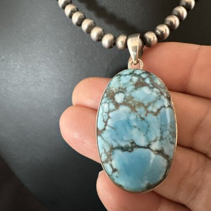 Navajo Blue Spiderweb Turquoise Pendant Necklace | Sterling Silver | Authentic Native American Handmade | 17027