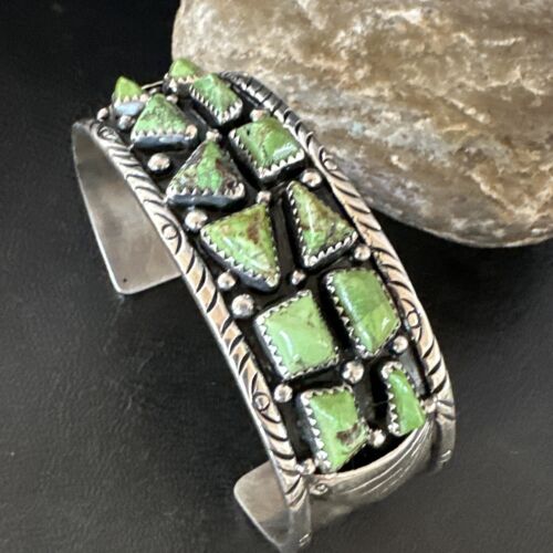 Navajo Green Gaspeite Cluster Cuff Bracelet | Sterling Silver | Authentic Native American Handmade | 16377