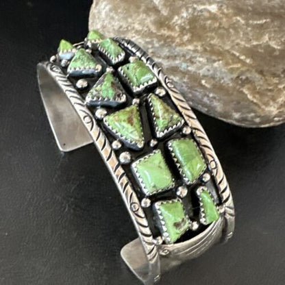 Navajo Green Gaspeite Cluster Cuff Bracelet | Sterling Silver | Authentic Native American Handmade | 16377