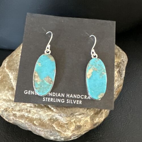 Navajo Blue Turquoise Dangle Earrings | Sterling Silver | Authentic Native American Handmade | 15432