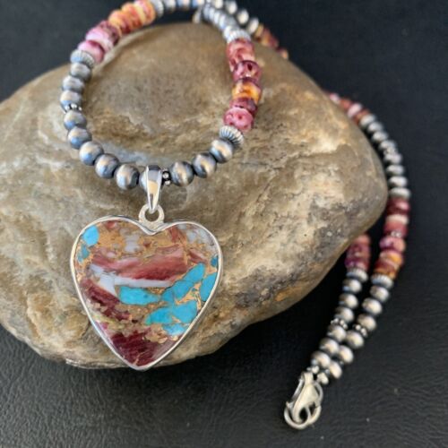 Navajo Turquoise and Spiny Oyster Pendant Necklace | Sterling Silver | 20" | 13871