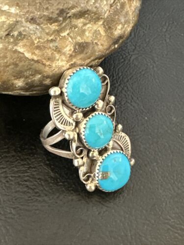 Navajo Blue Kingman Turquoise Cluster Ring | Authentic Native American Sterling Silver | Multi-Stone | Sz 7 | 16323
