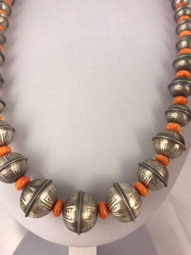 Navajo Pearls Spiny Oyster Bench Bead Necklace | Sterling Silver | 22" Single Strand| Authentic Native American Handmade | 9954