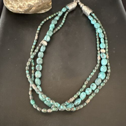 Navajo Spiderweb Turquoise Necklace | 3 Strands | Sterling Silver | 24" | Authentic Native American Handmade | 17403