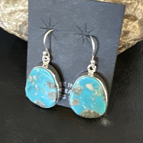 Navajo Blue Turquoise Dangle Earrings | Sterling Silver | Authentic Native American Handmade | 15433