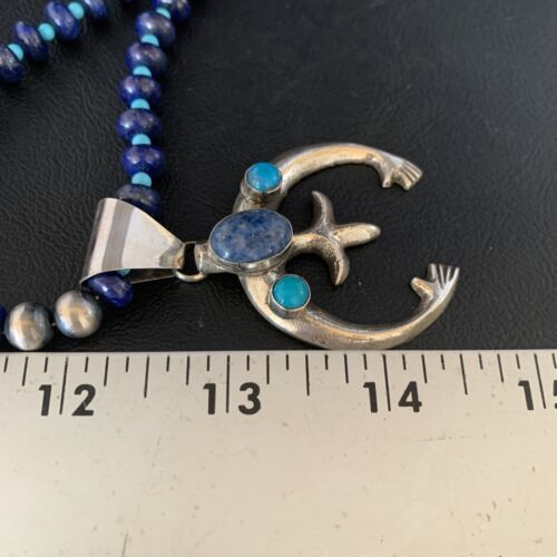 Navajo Blue Denim Lapis Turquoise Naja Pendant Necklace | Sterling Silver | Native American Handmade | 13701