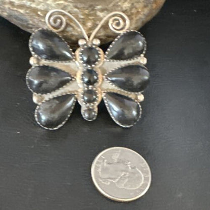 Navajo Black Onyx Butterfly Cluster Pin | Sterling Silver | Authentic Native American Handmade | 15168