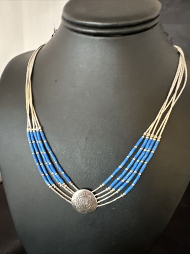 Navajo Concha Blue Denim Lapis Heishi Liquid Sterling Silver 5-Strand Necklace 20" | 15875