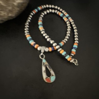 Navajo Spiny Oyster Turquoise Lapis Inlay Pendant Necklace | Sterling Silver | 21" | 16769