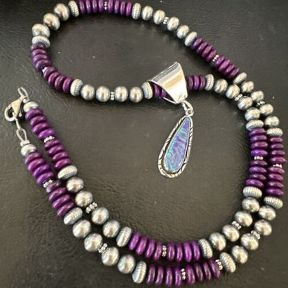 Navajo Faux Opal Pendant with Purple Sugilite Beads | Sterling Silver Necklace | 16746