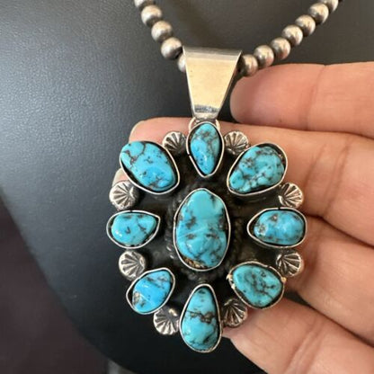 Navajo Blue Kingman Turquoise Cluster Pendant | Sterling Silver | 2" | Authentic Native American Handmade | 17418