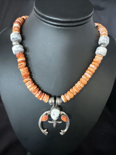 Navajo White Buffalo Turquoise Spiny Naja Pendant Necklace | Sterling Silver | 23" | 14930