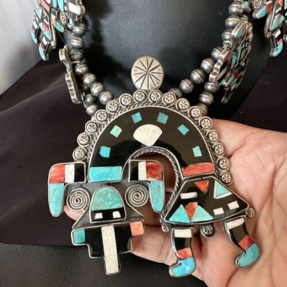 XXL Turquoise Onyx Kokopelli Inlay Squash Blossom Necklace | Sterling Silver | 16177 - Masha USA